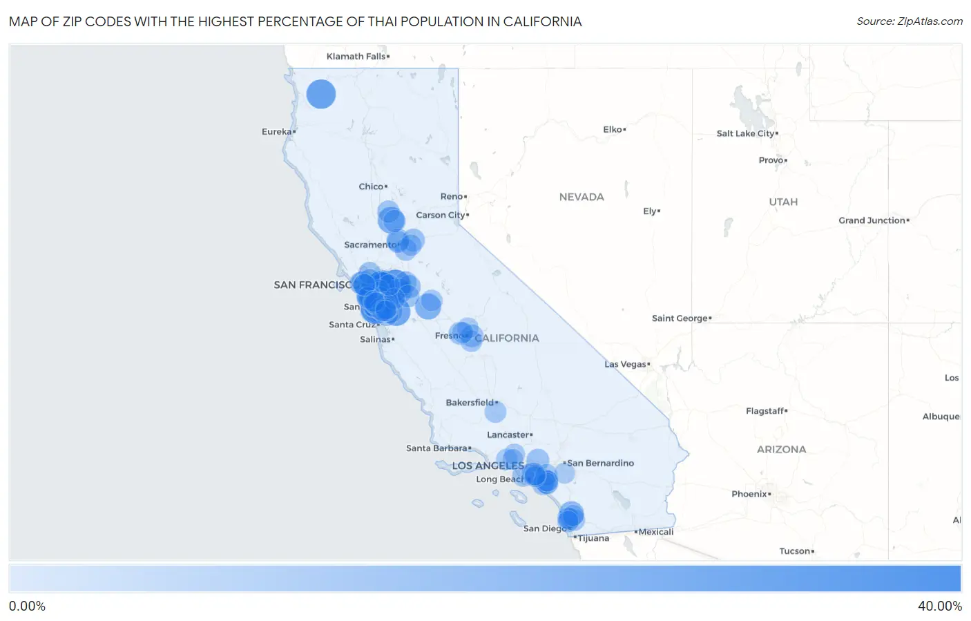 Zip Codes with the Highest Percentage of Thai Population in California Map