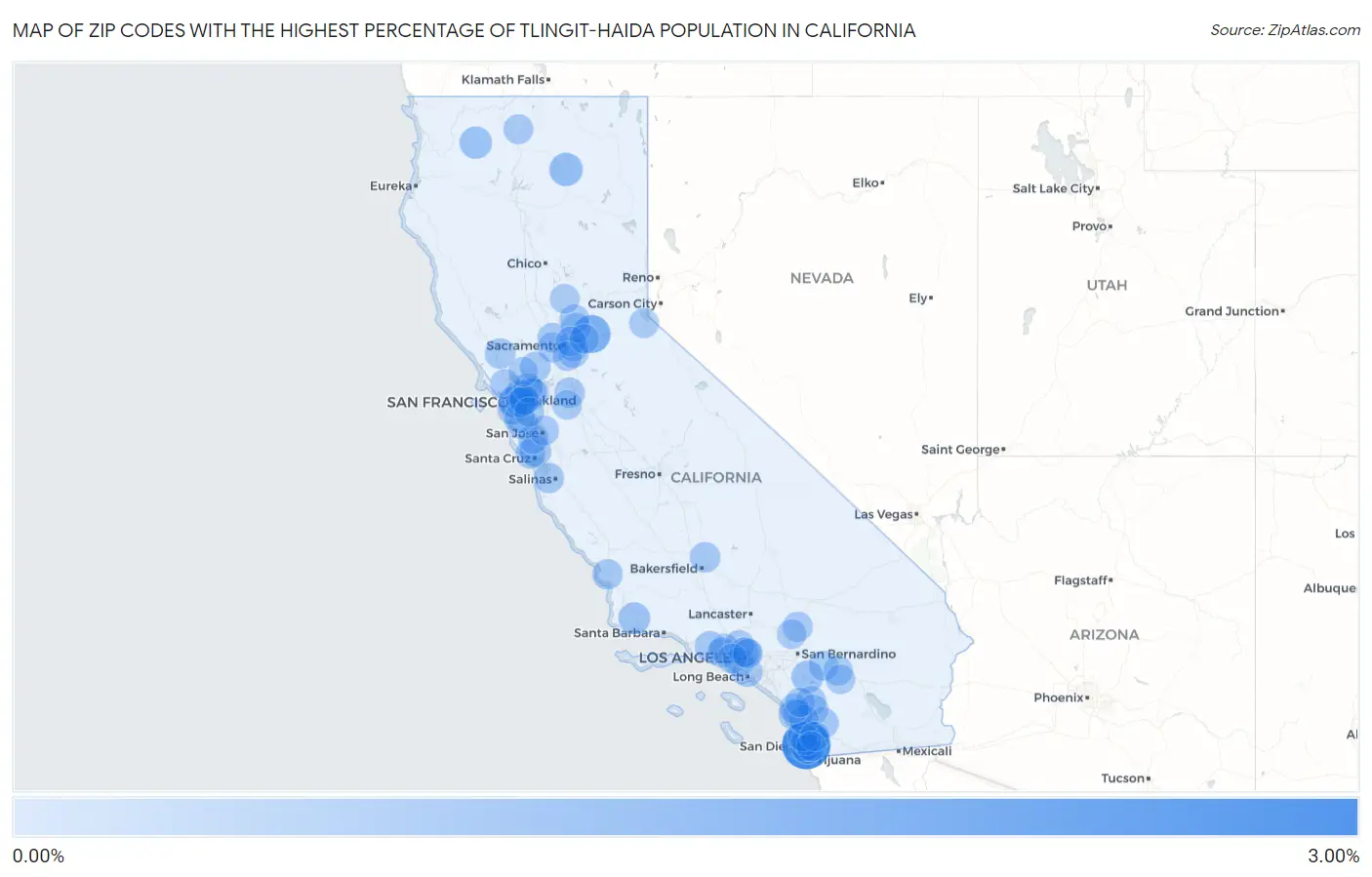 Zip Codes with the Highest Percentage of Tlingit-Haida Population in California Map