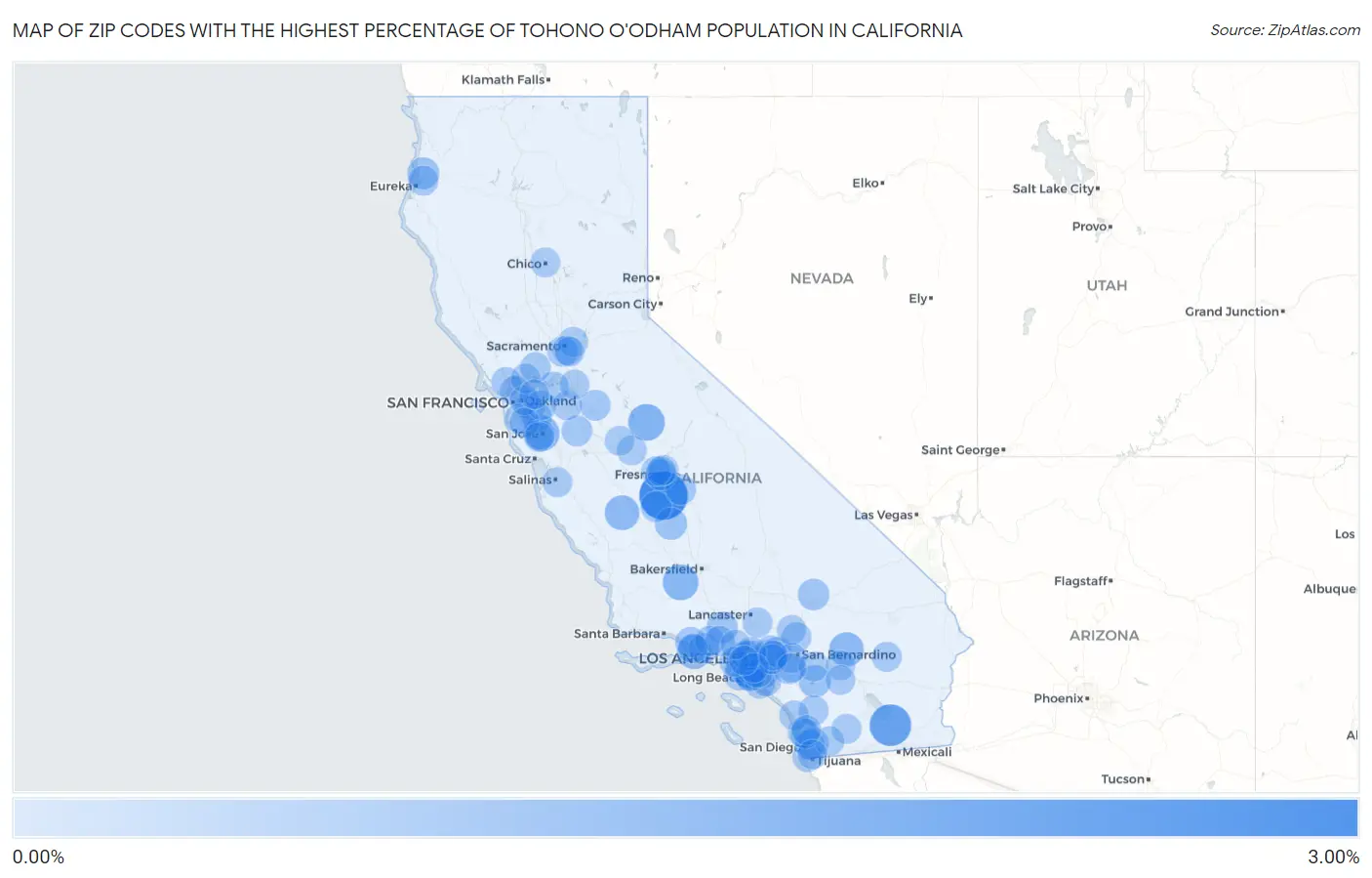 Zip Codes with the Highest Percentage of Tohono O'Odham Population in California Map