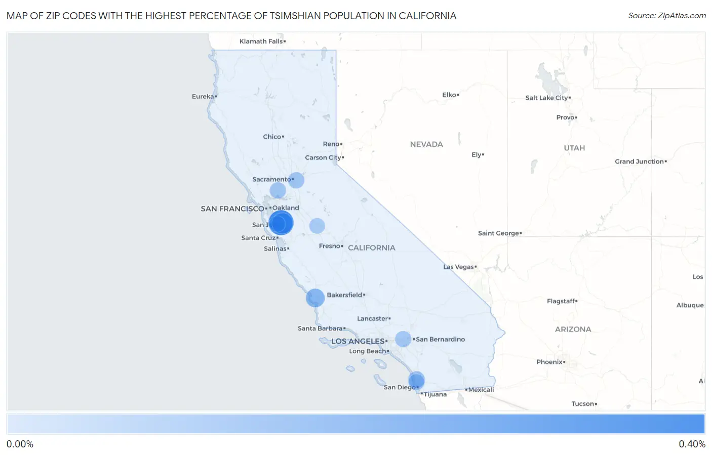 Zip Codes with the Highest Percentage of Tsimshian Population in California Map