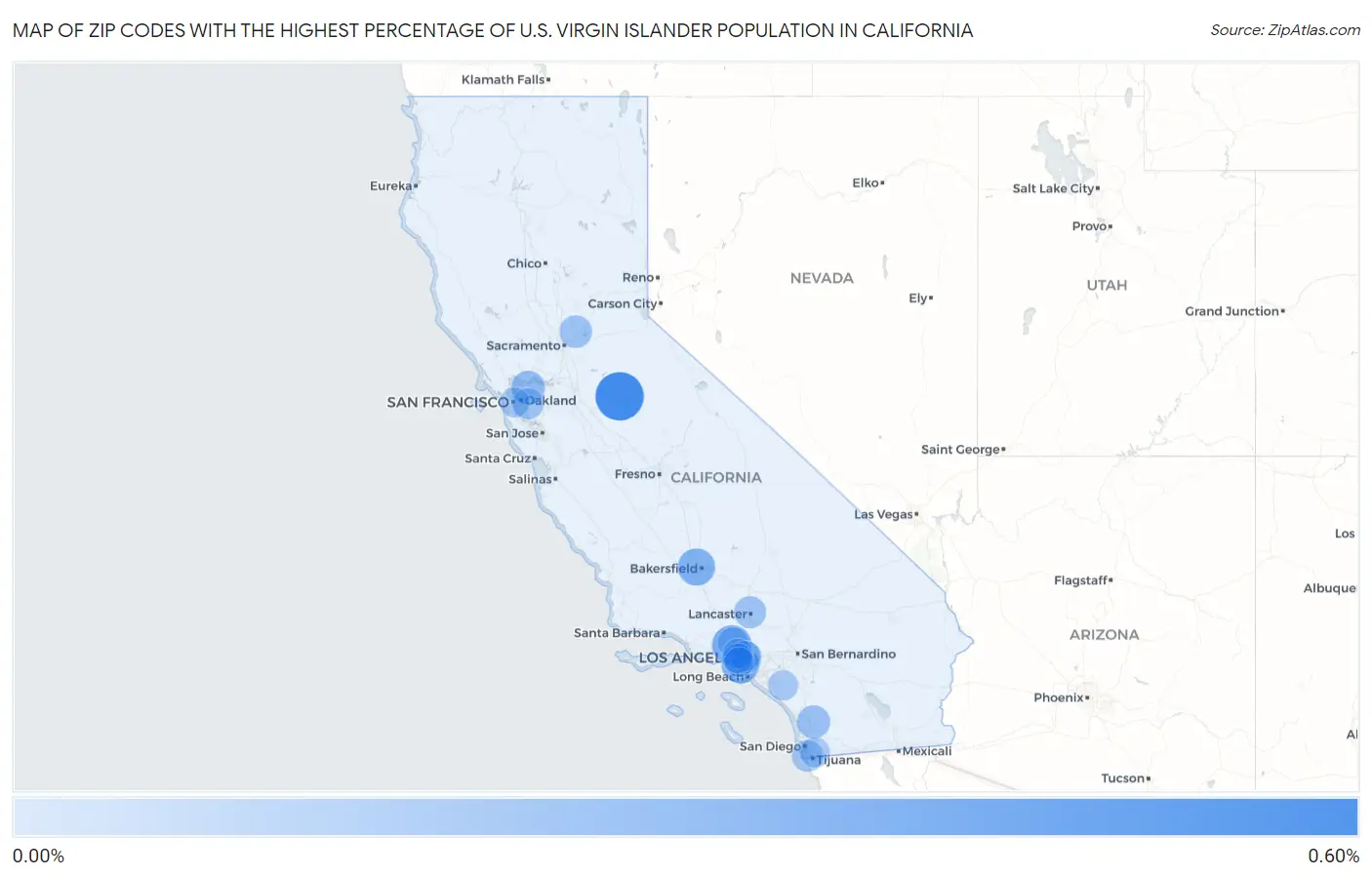 Zip Codes with the Highest Percentage of U.S. Virgin Islander Population in California Map