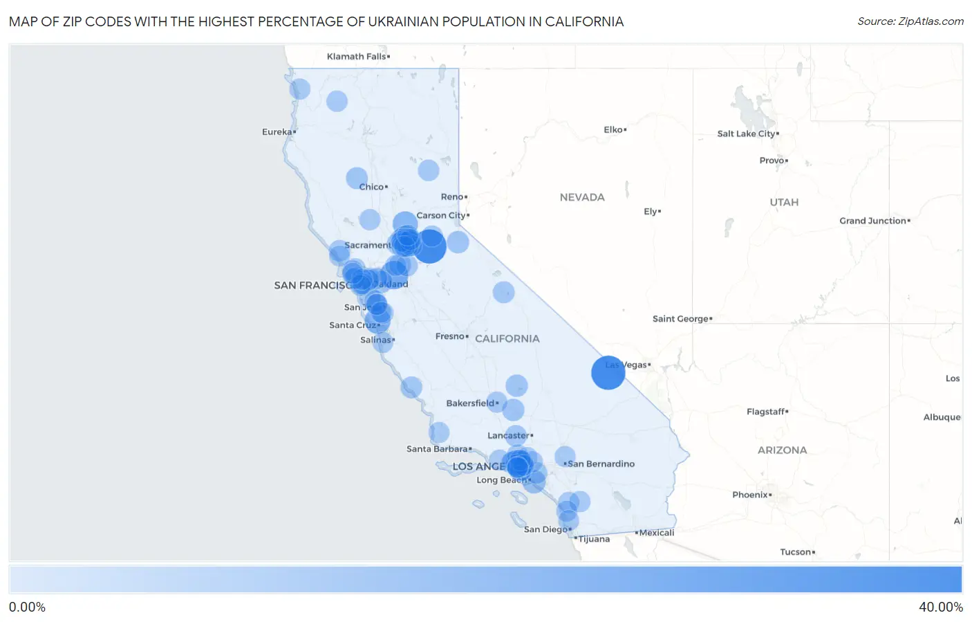 Zip Codes with the Highest Percentage of Ukrainian Population in California Map