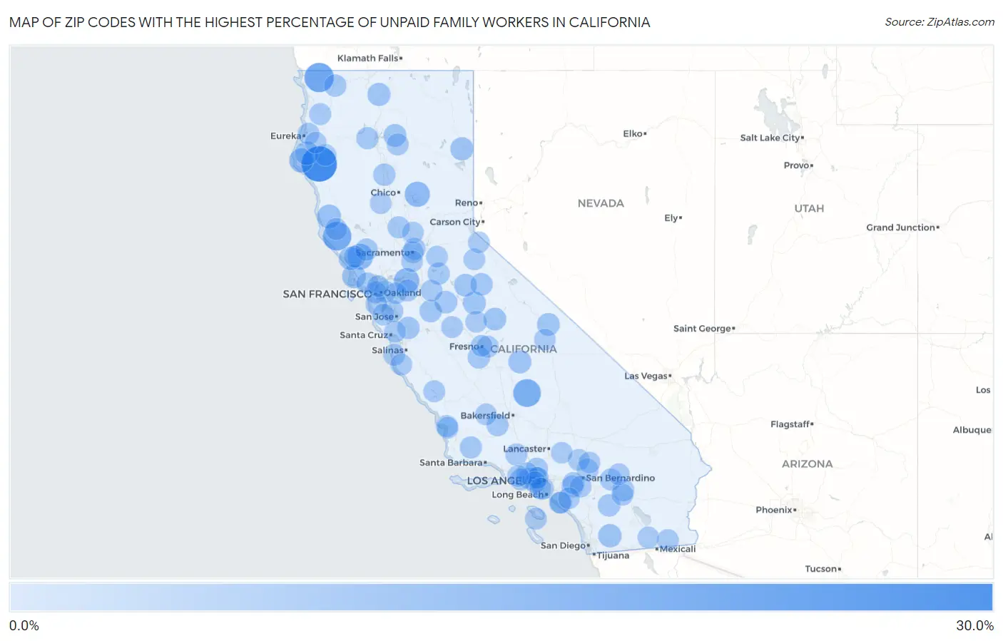 Zip Codes with the Highest Percentage of Unpaid Family Workers in California Map