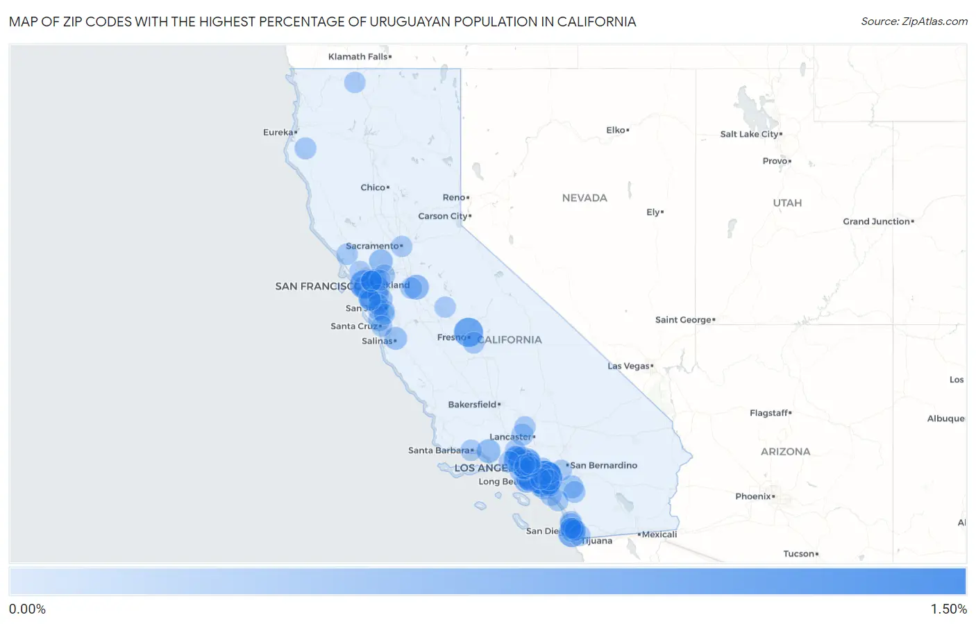 Zip Codes with the Highest Percentage of Uruguayan Population in California Map