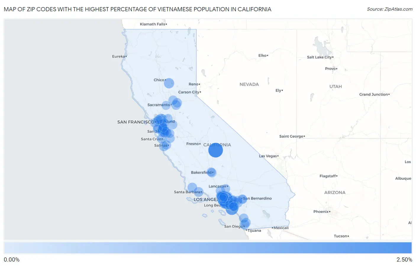 Zip Codes with the Highest Percentage of Vietnamese Population in California Map