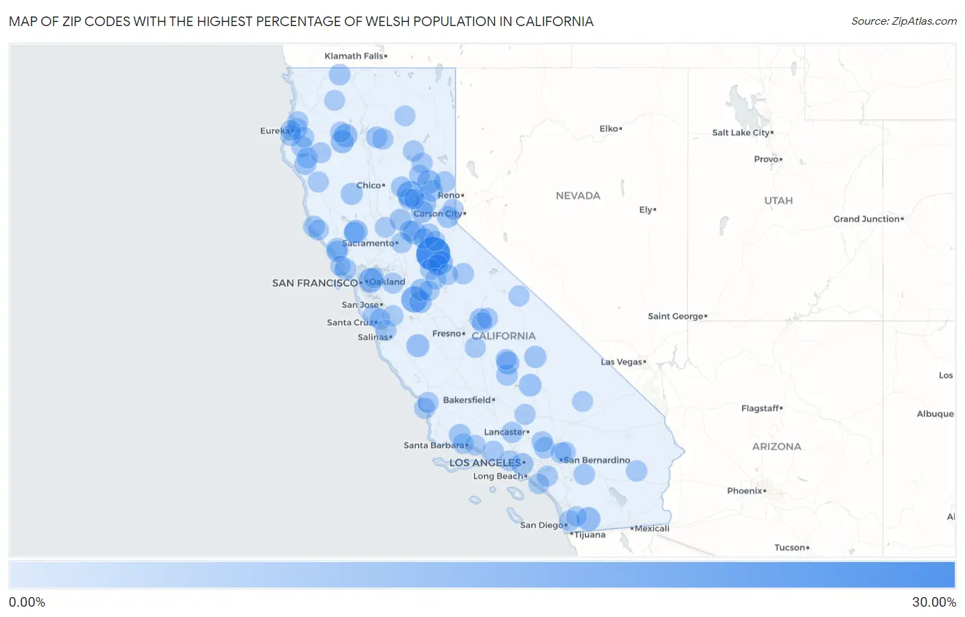 Zip Codes with the Highest Percentage of Welsh Population in California Map