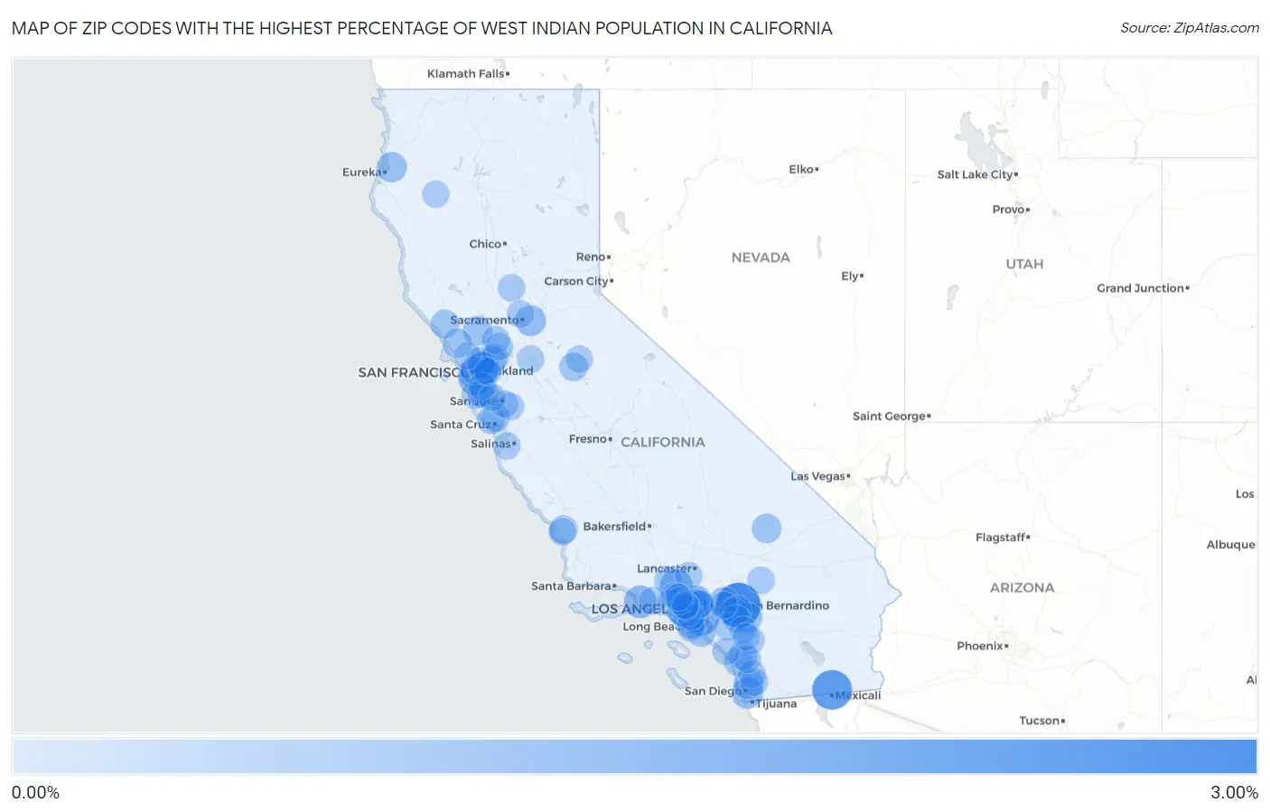 Zip Codes with the Highest Percentage of West Indian Population in California Map