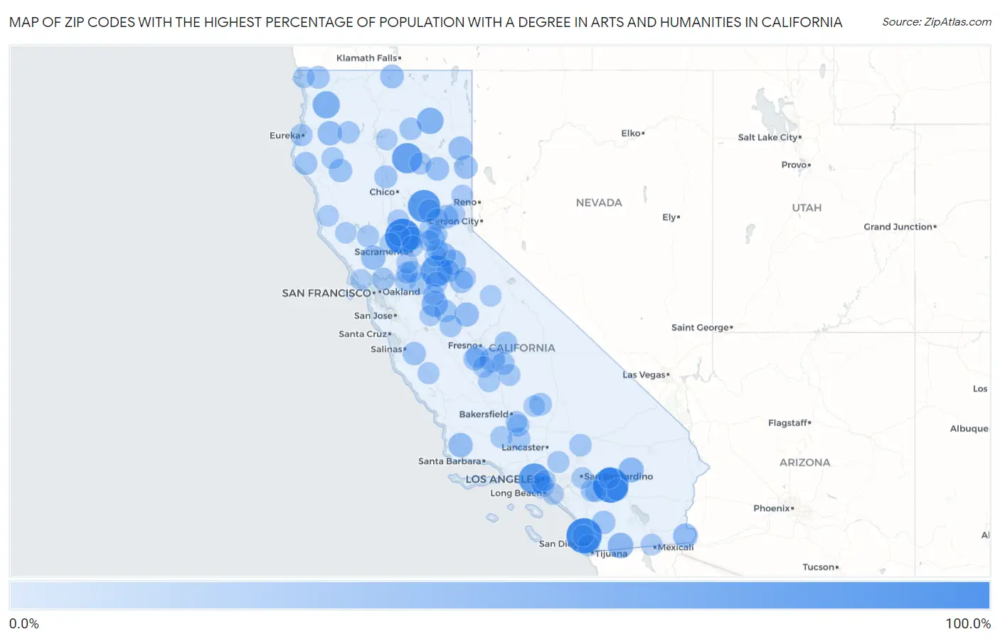 Zip Codes with the Highest Percentage of Population with a Degree in Arts and Humanities in California Map
