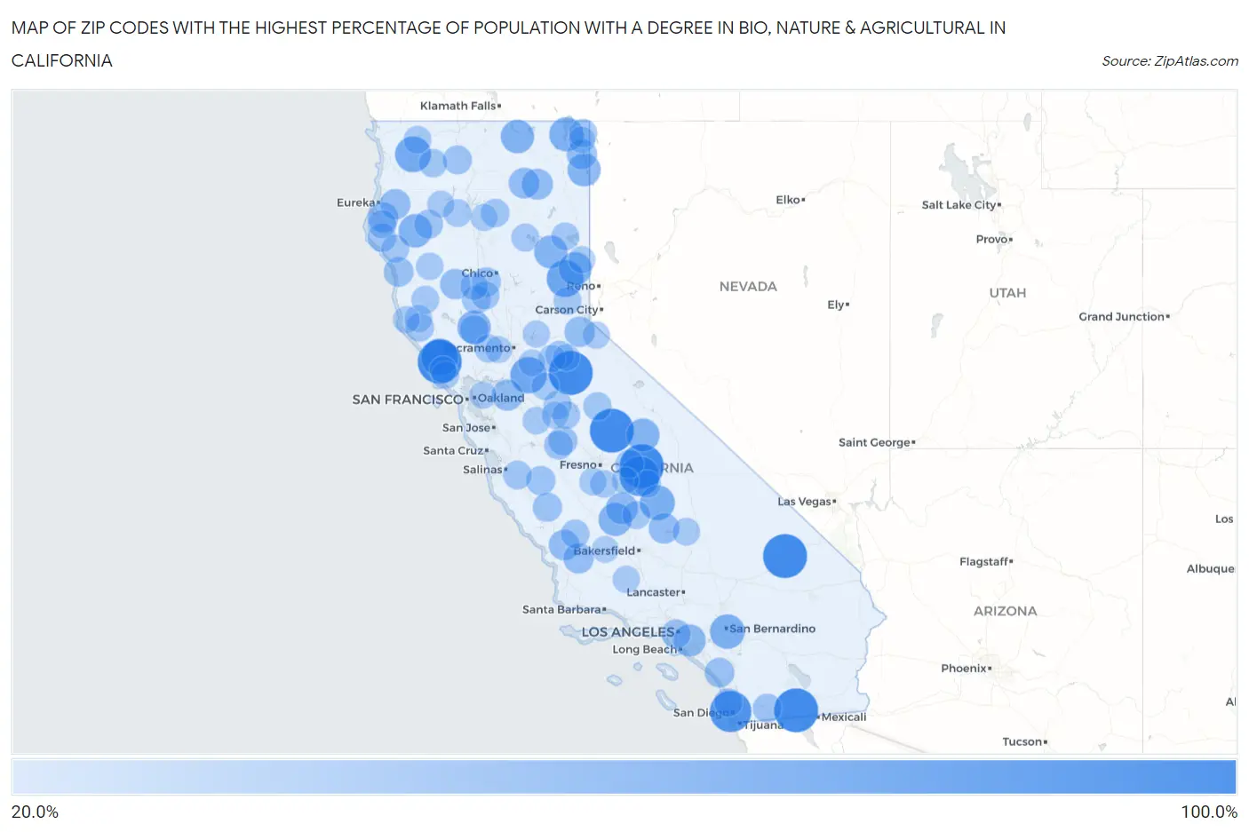 Zip Codes with the Highest Percentage of Population with a Degree in Bio, Nature & Agricultural in California Map
