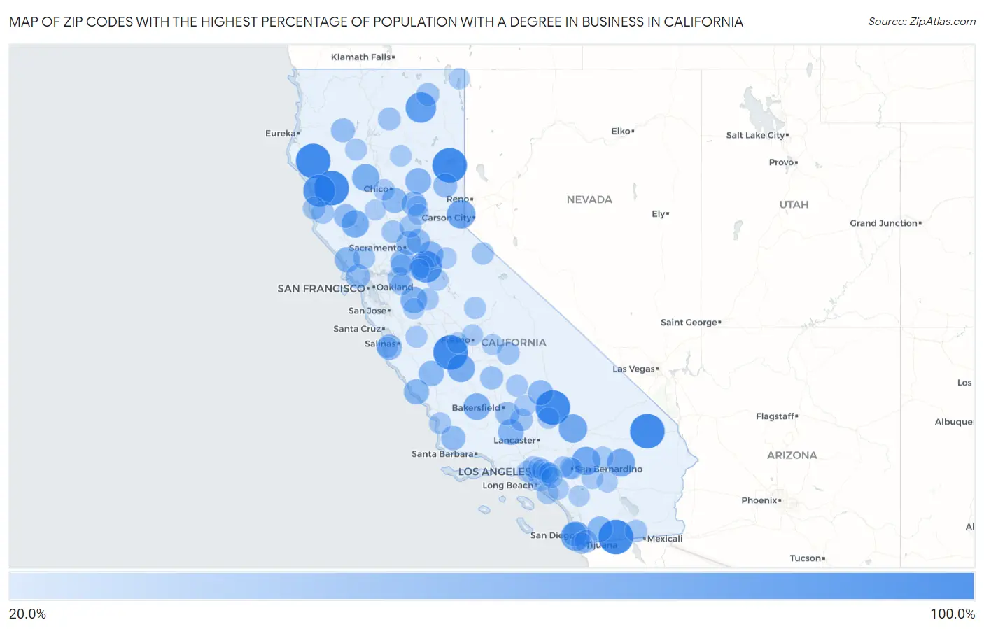 Zip Codes with the Highest Percentage of Population with a Degree in Business in California Map