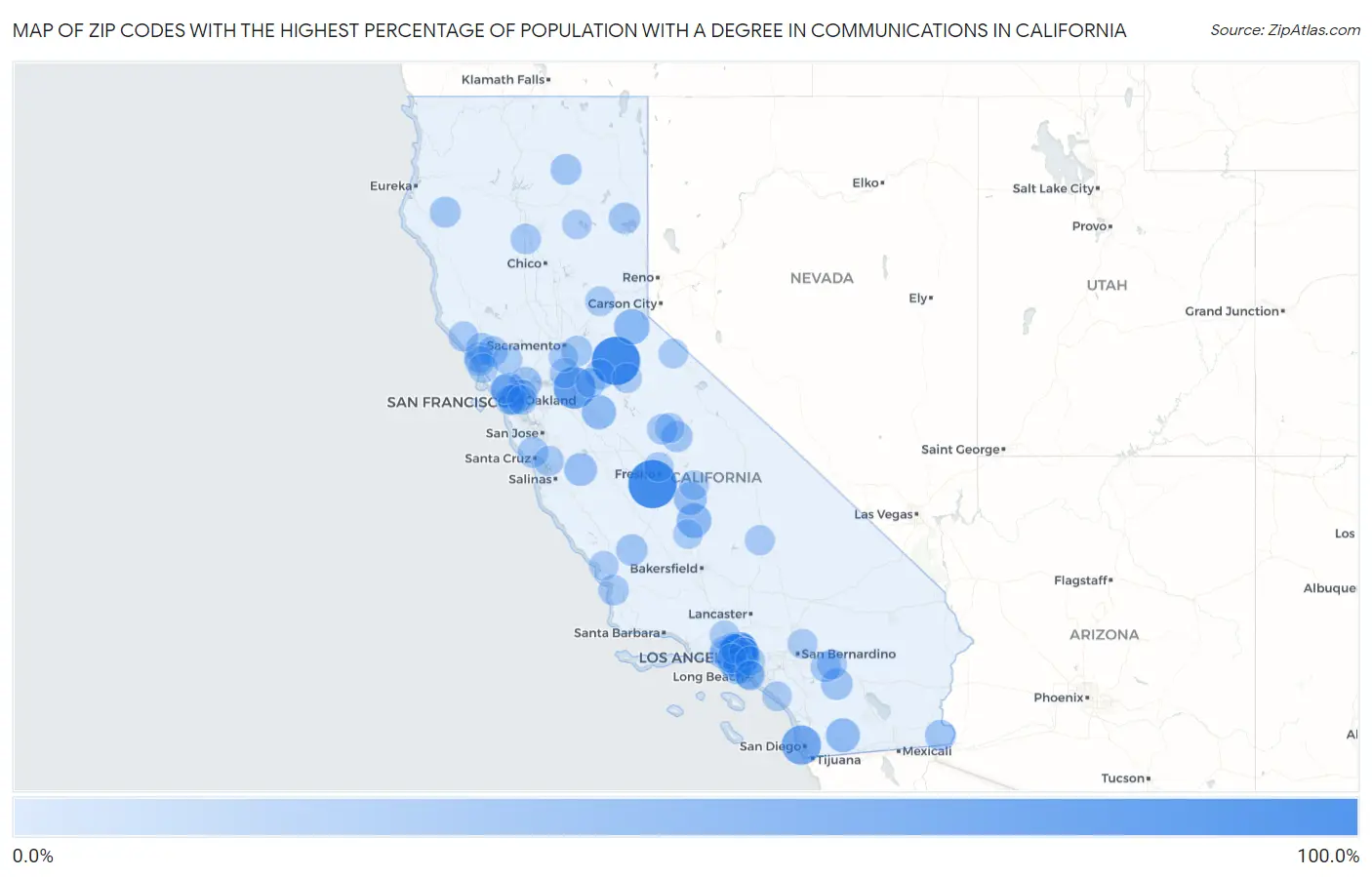 Zip Codes with the Highest Percentage of Population with a Degree in Communications in California Map