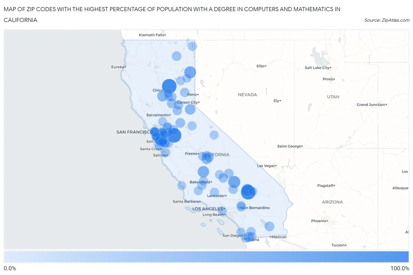 Zip Codes with the Highest Percentage of Population with a Degree in Computers and Mathematics in California Map