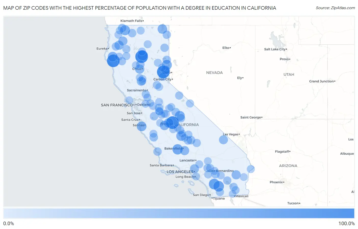 Zip Codes with the Highest Percentage of Population with a Degree in Education in California Map