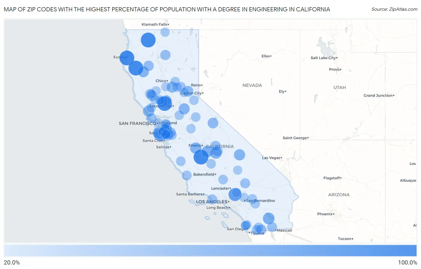 Zip Codes with the Highest Percentage of Population with a Degree in Engineering in California Map