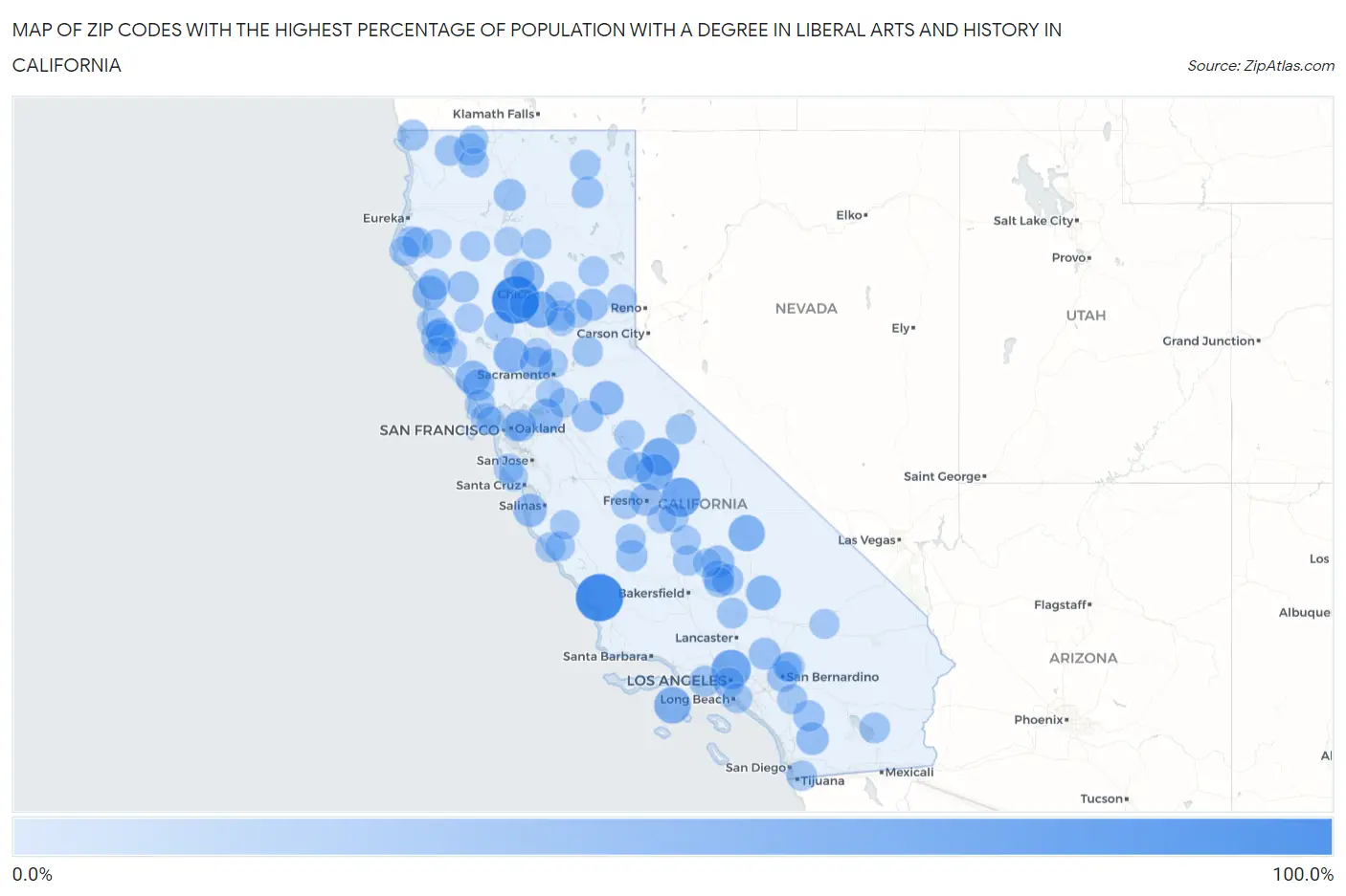 Zip Codes with the Highest Percentage of Population with a Degree in Liberal Arts and History in California Map