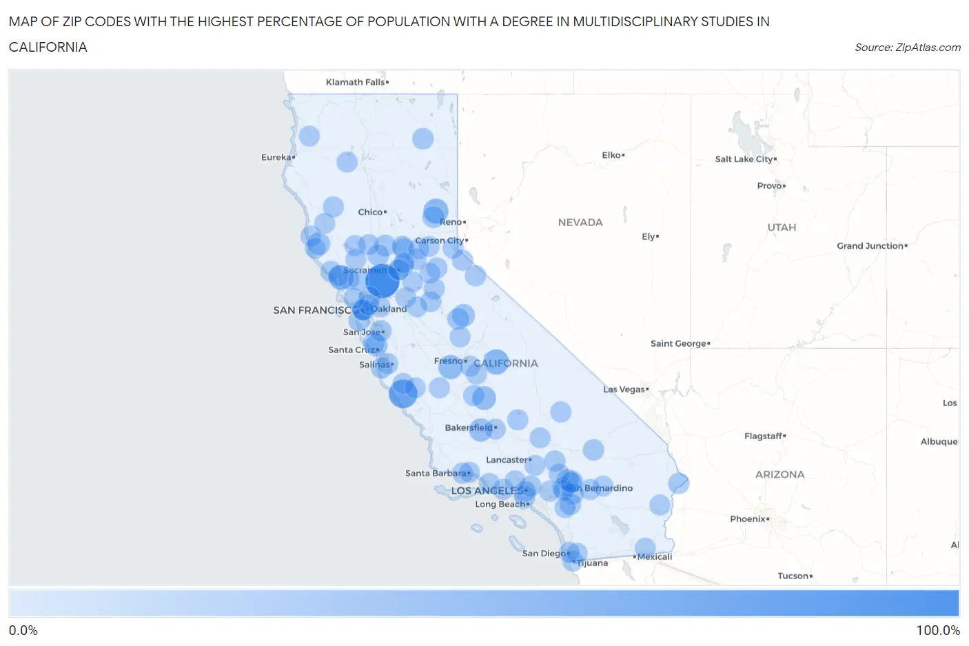 Zip Codes with the Highest Percentage of Population with a Degree in Multidisciplinary Studies in California Map