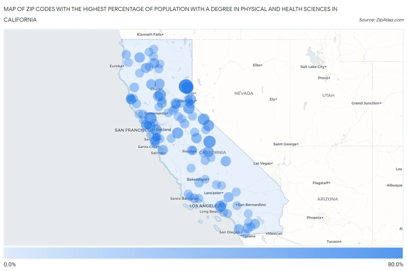 Zip Codes with the Highest Percentage of Population with a Degree in Physical and Health Sciences in California Map