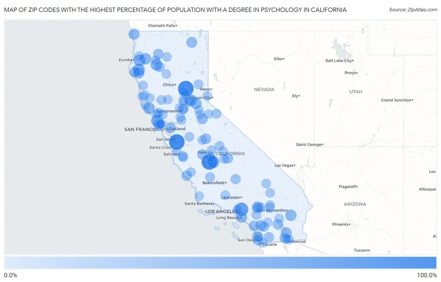 Zip Codes with the Highest Percentage of Population with a Degree in Psychology in California Map