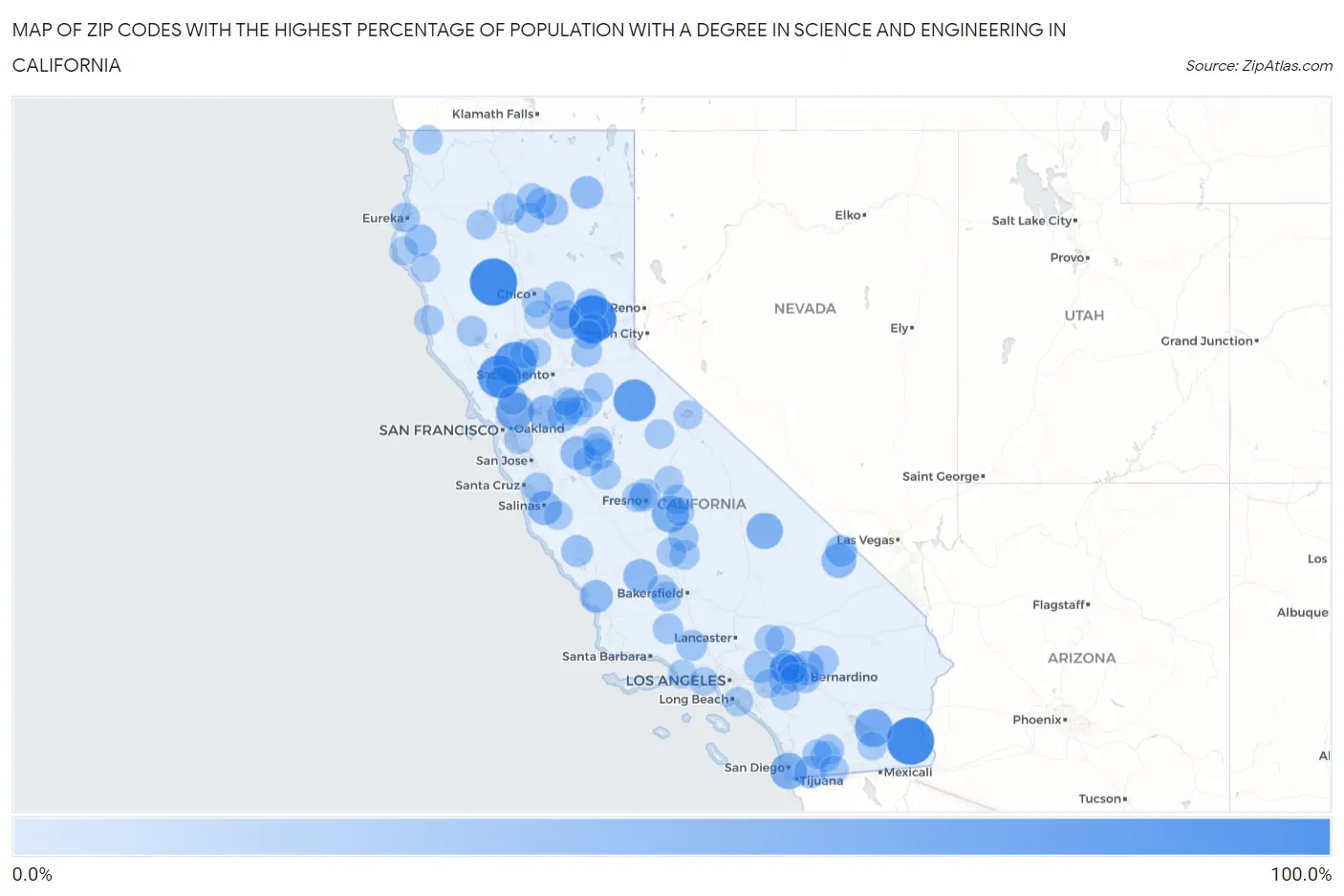 Zip Codes with the Highest Percentage of Population with a Degree in Science and Engineering in California Map