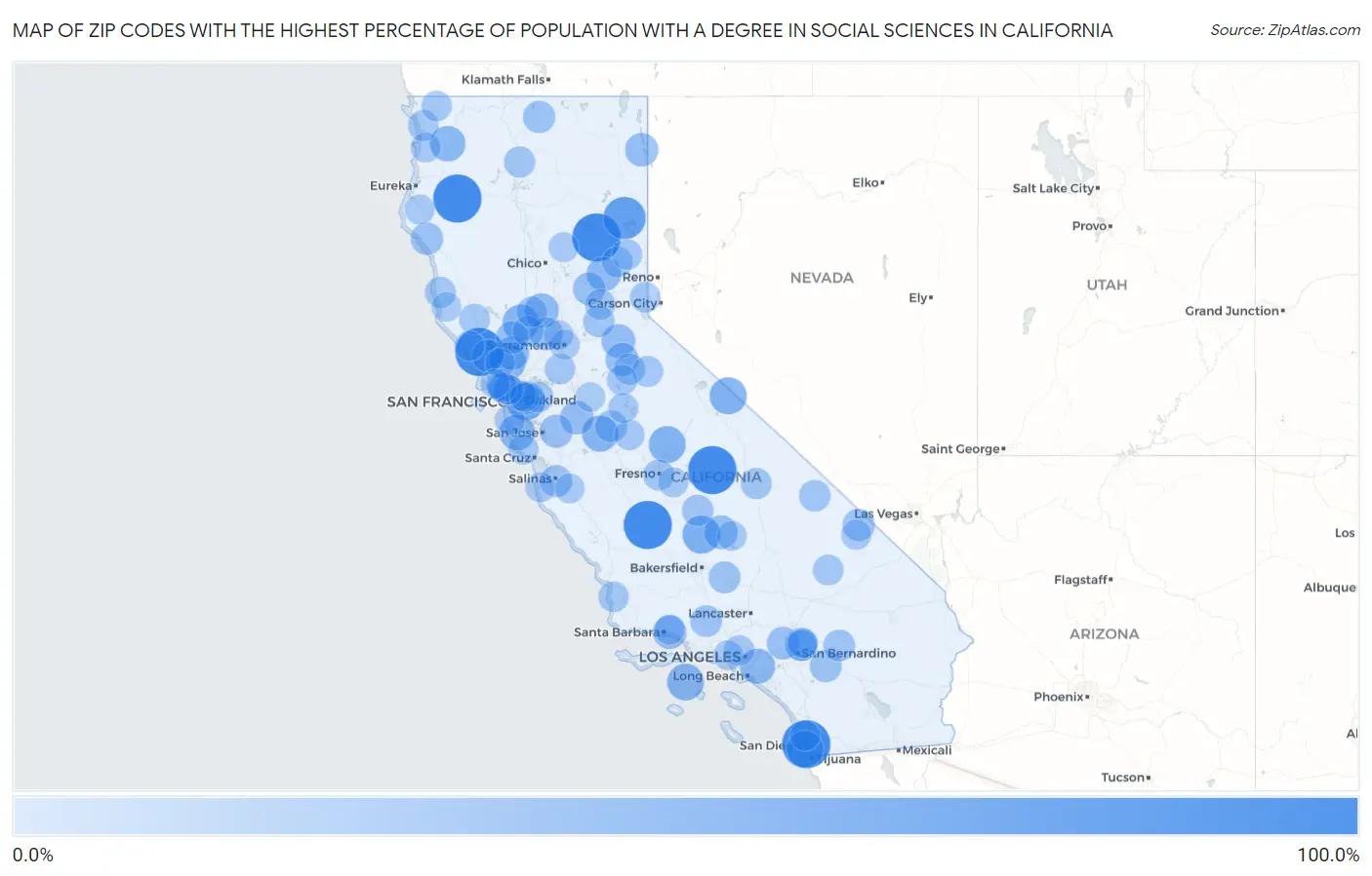 Zip Codes with the Highest Percentage of Population with a Degree in Social Sciences in California Map
