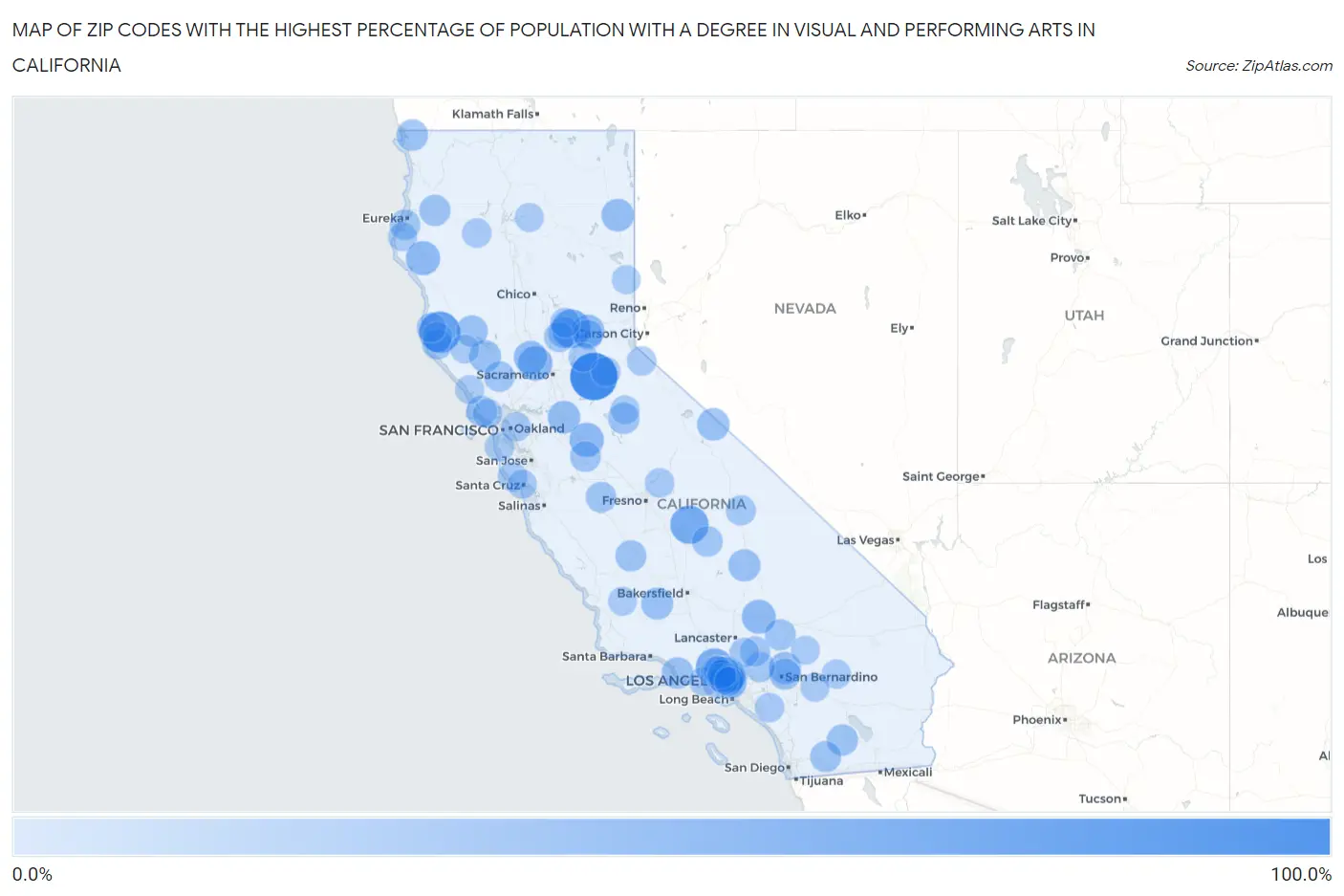 Zip Codes with the Highest Percentage of Population with a Degree in Visual and Performing Arts in California Map