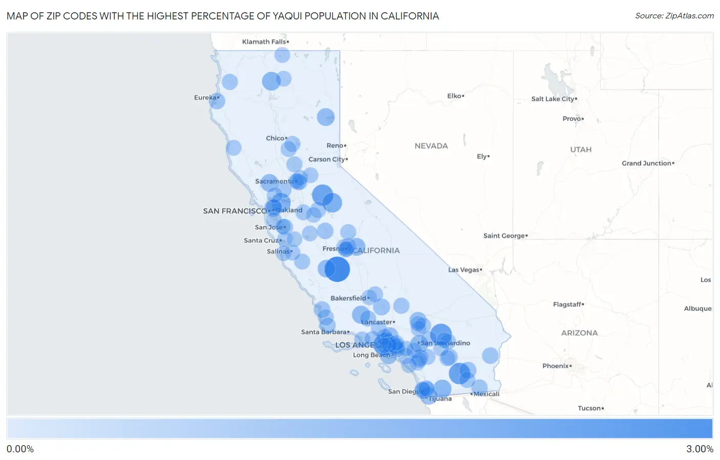 Zip Codes with the Highest Percentage of Yaqui Population in California Map