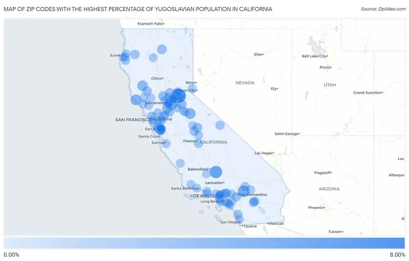Zip Codes with the Highest Percentage of Yugoslavian Population in California Map