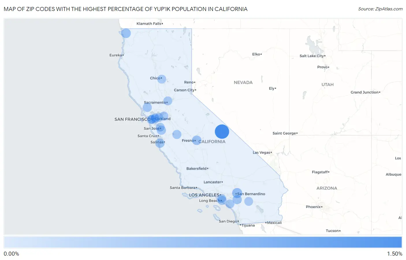 Zip Codes with the Highest Percentage of Yup'ik Population in California Map