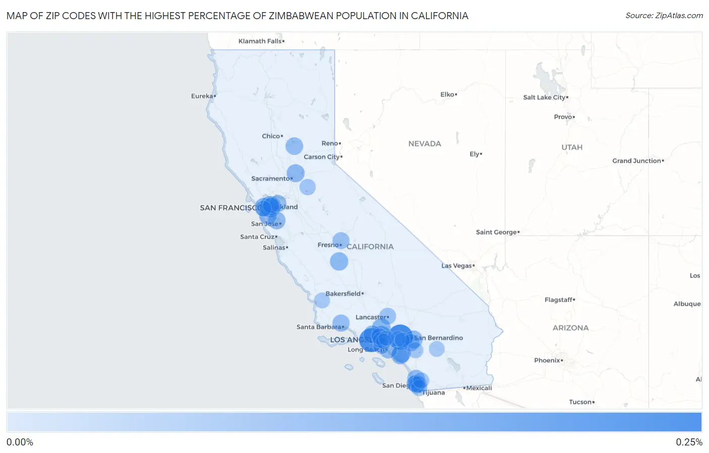 Zip Codes with the Highest Percentage of Zimbabwean Population in California Map