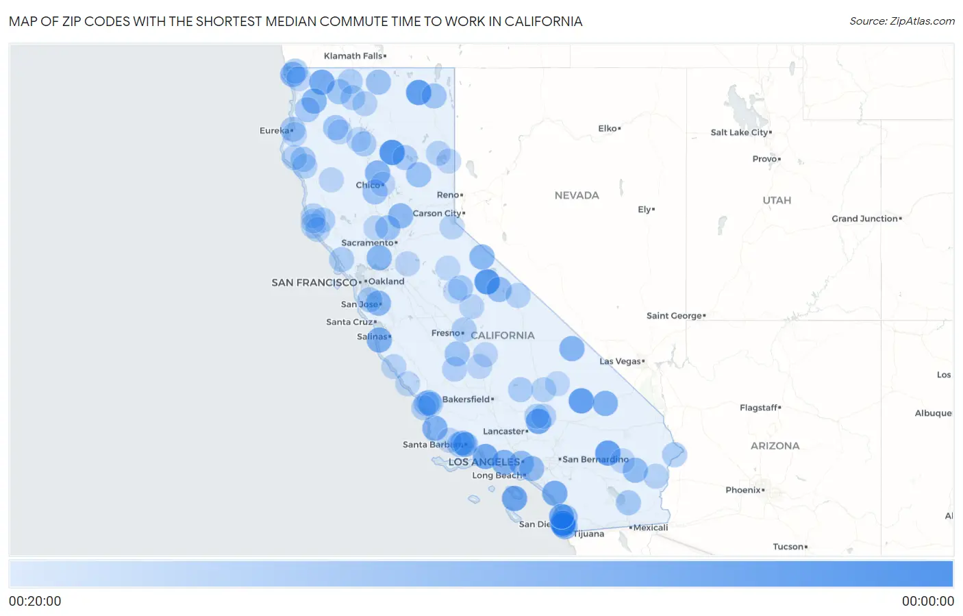 Zip Codes with the Shortest Median Commute Time to Work in California Map