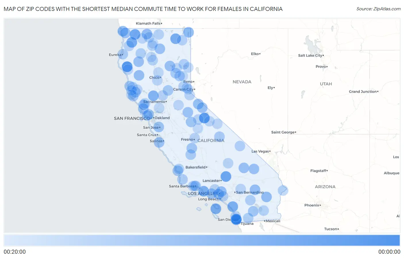 Zip Codes with the Shortest Median Commute Time to Work for Females in California Map