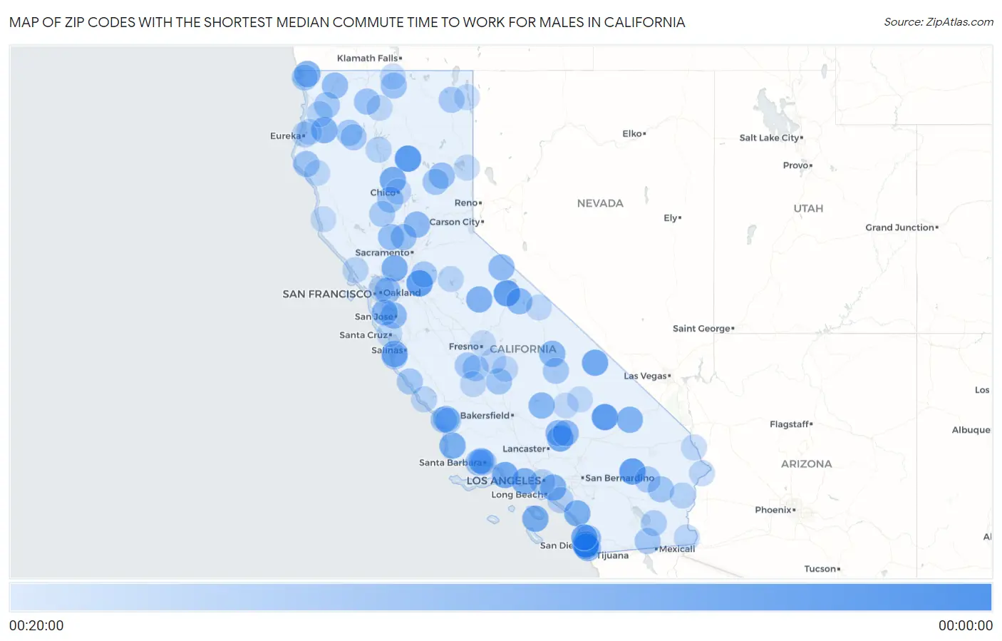 Zip Codes with the Shortest Median Commute Time to Work for Males in California Map
