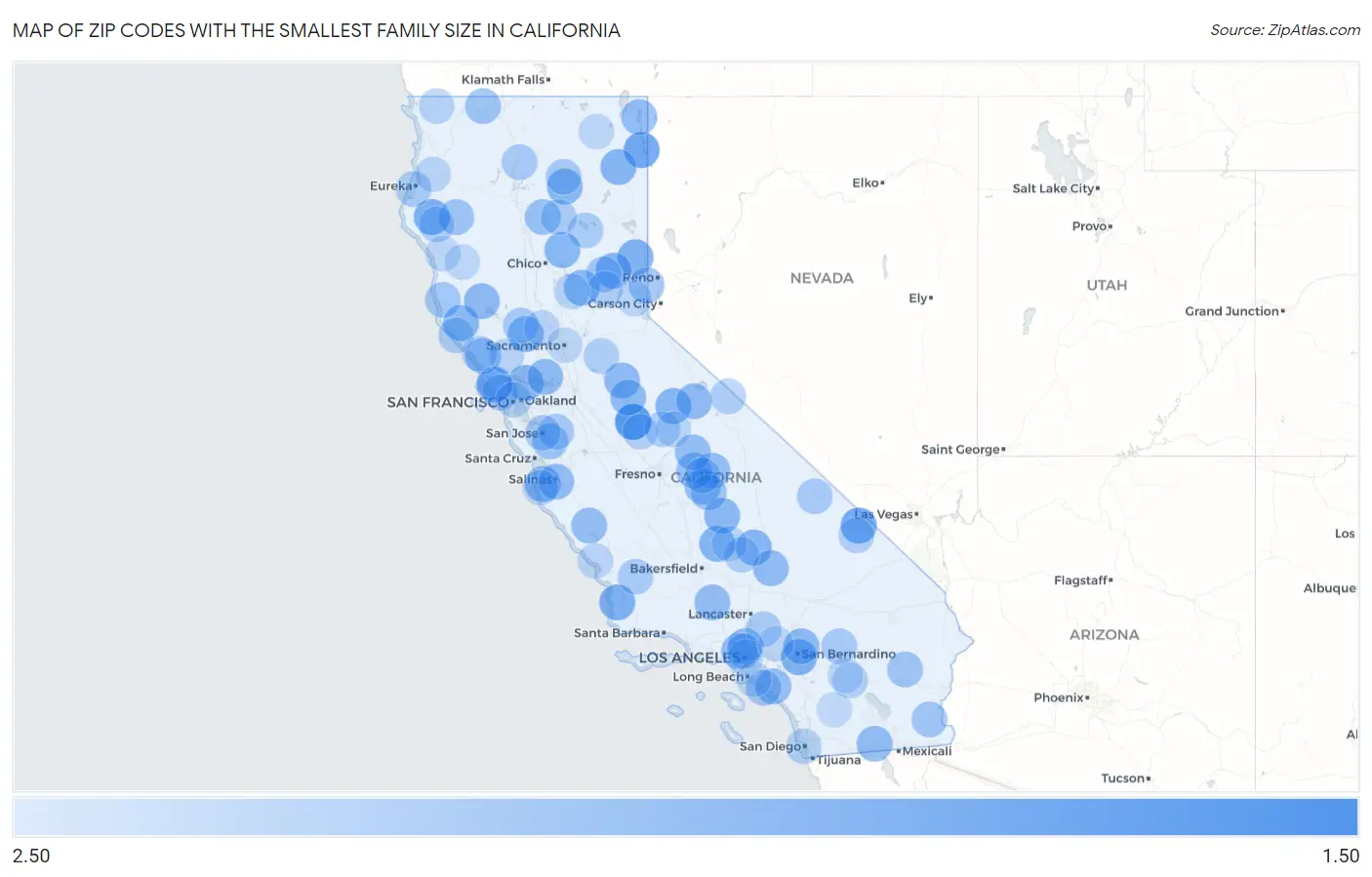 Zip Codes with the Smallest Family Size in California Map