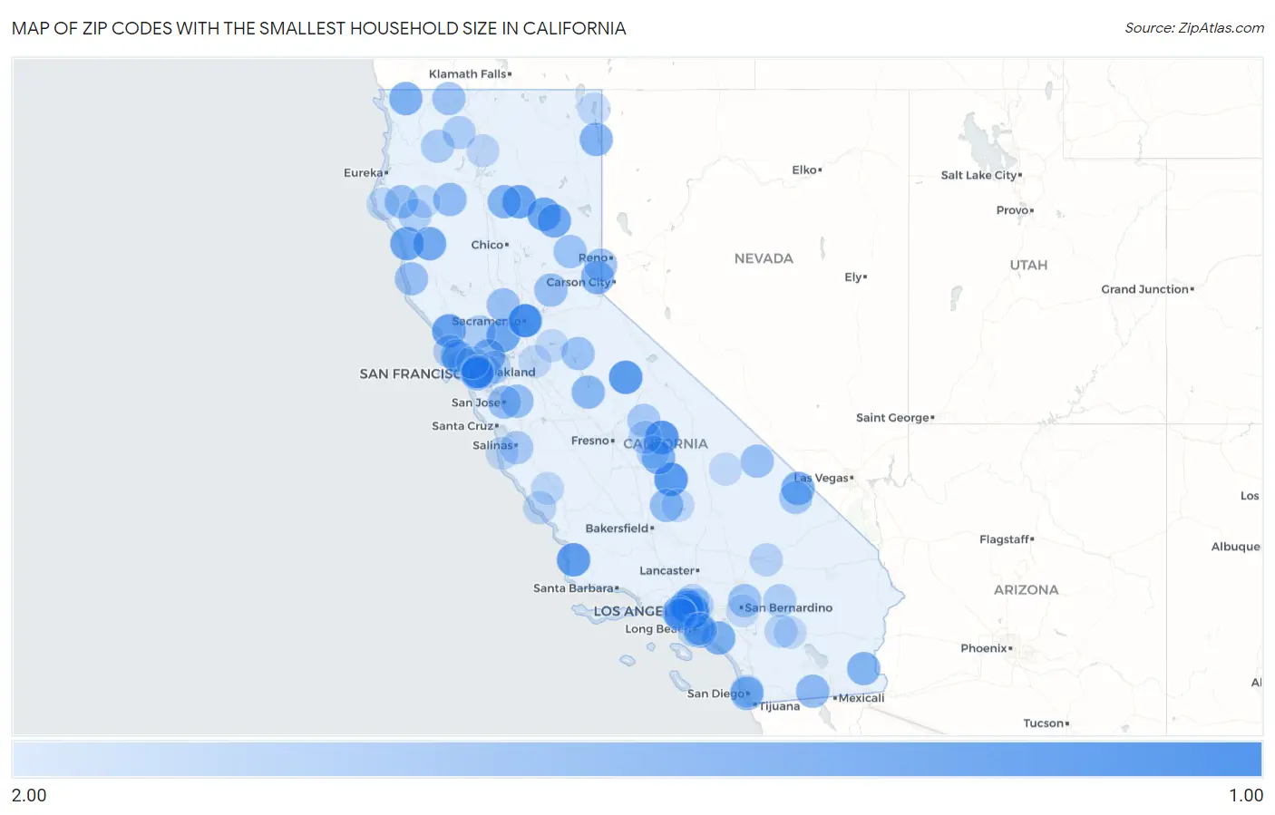 Zip Codes with the Smallest Household Size in California Map