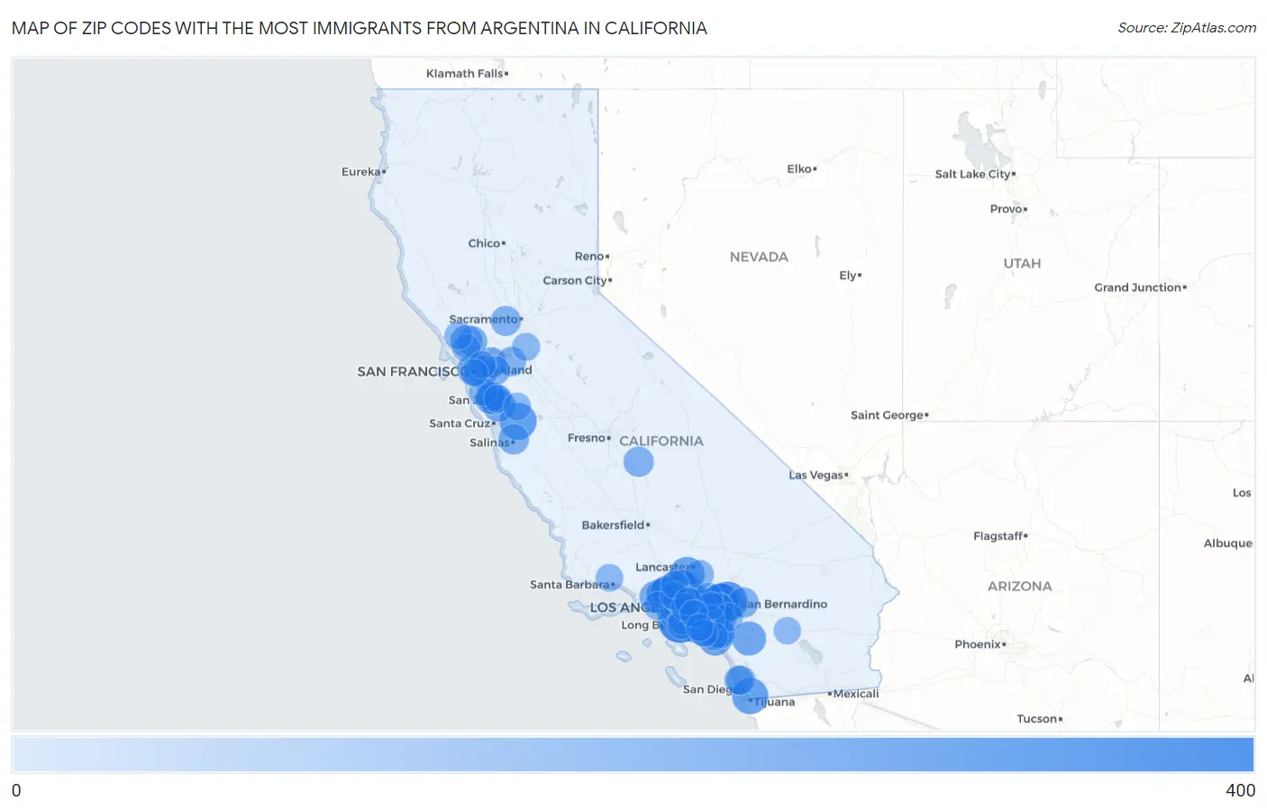 Zip Codes with the Most Immigrants from Argentina in California Map