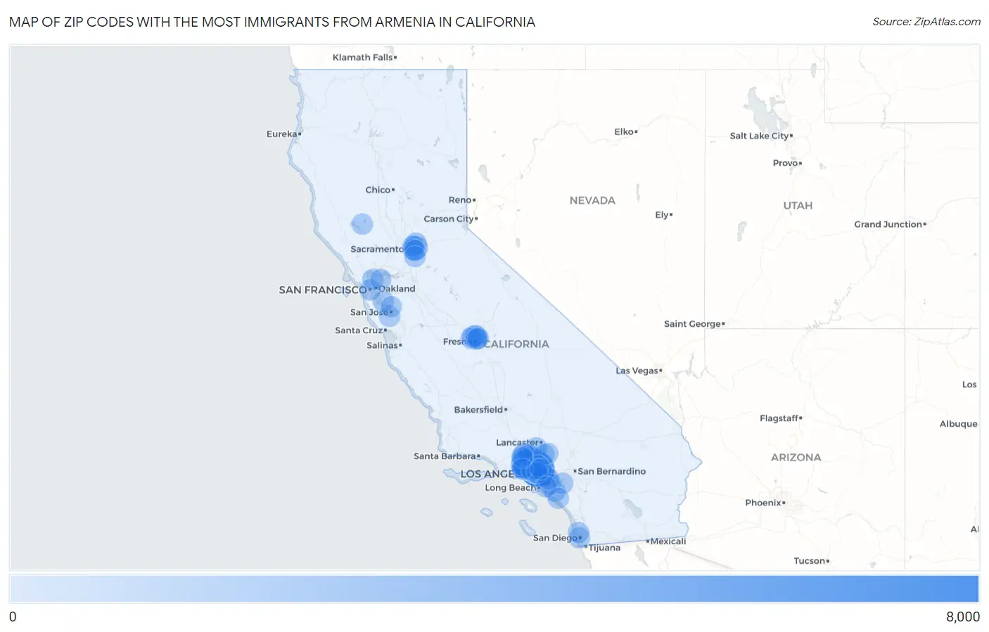 Zip Codes with the Most Immigrants from Armenia in California Map
