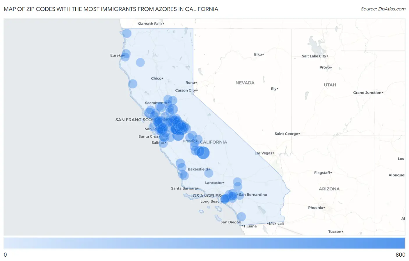 Zip Codes with the Most Immigrants from Azores in California Map