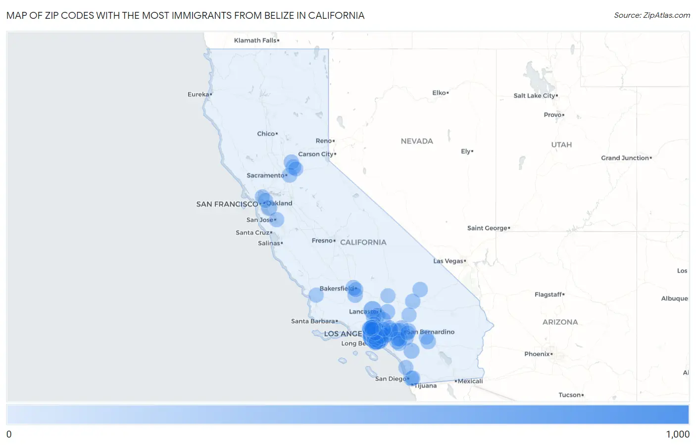 Zip Codes with the Most Immigrants from Belize in California Map