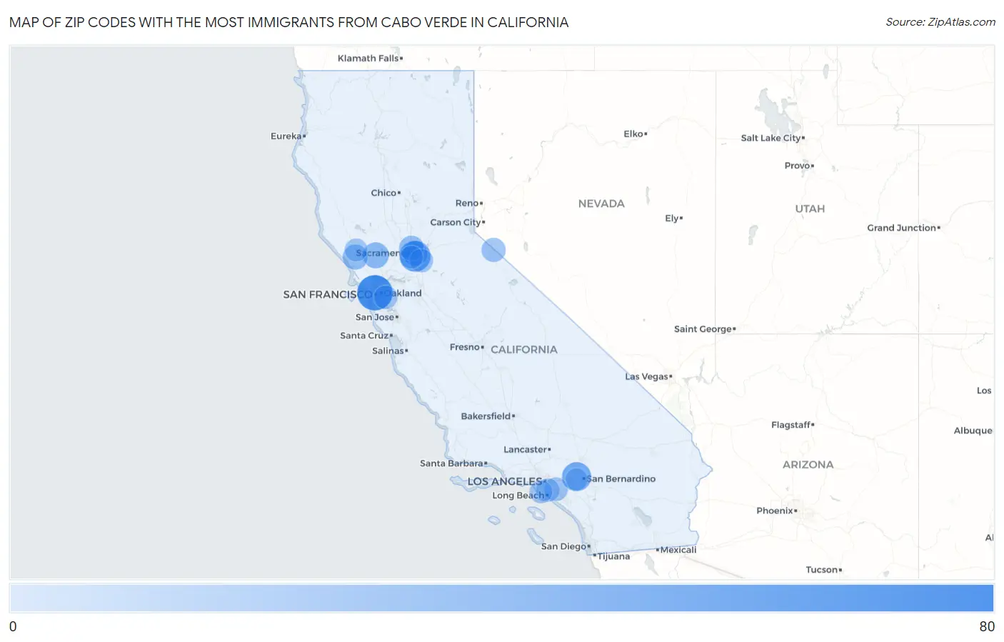 Zip Codes with the Most Immigrants from Cabo Verde in California Map