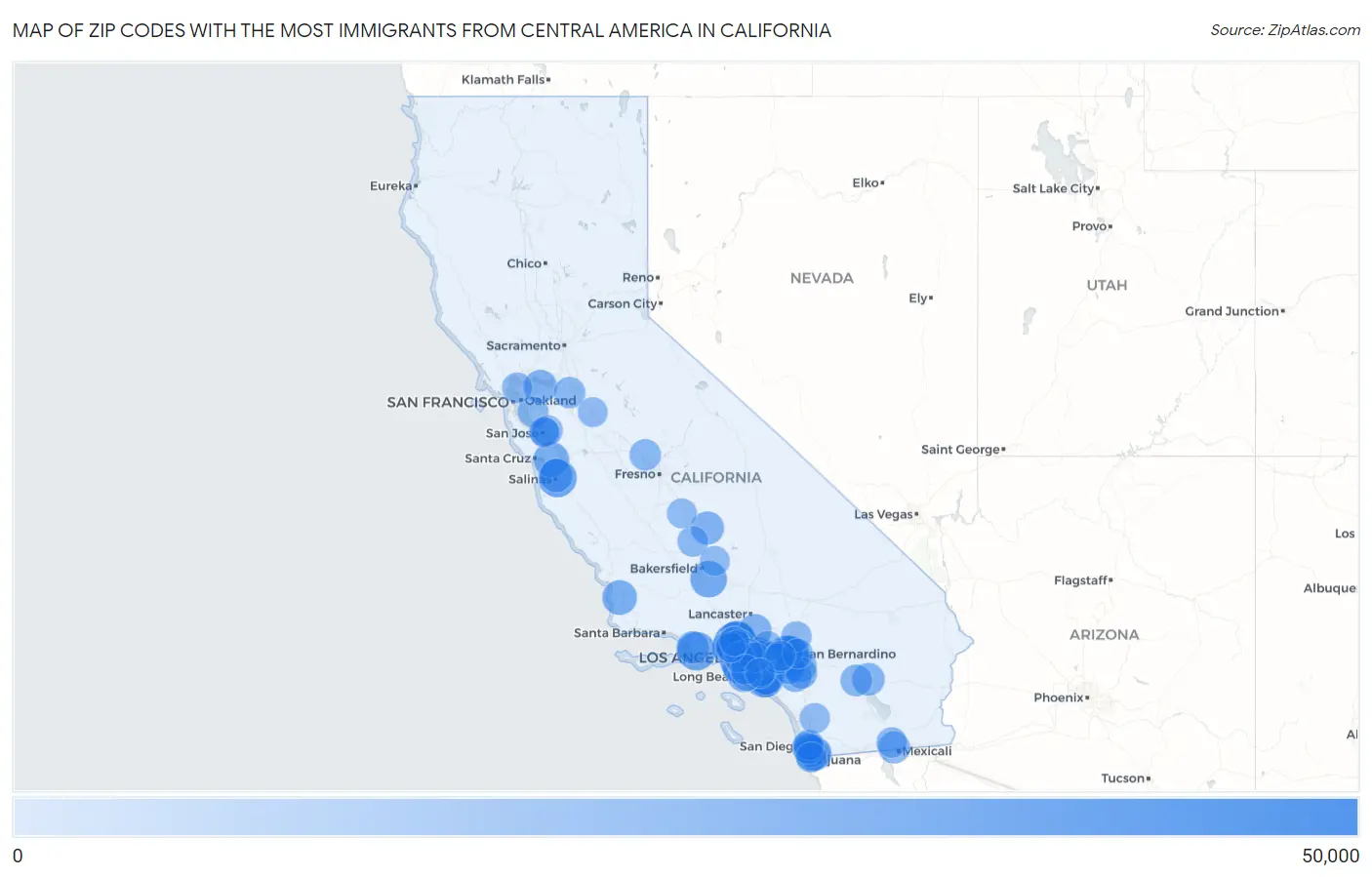 Zip Codes with the Most Immigrants from Central America in California Map