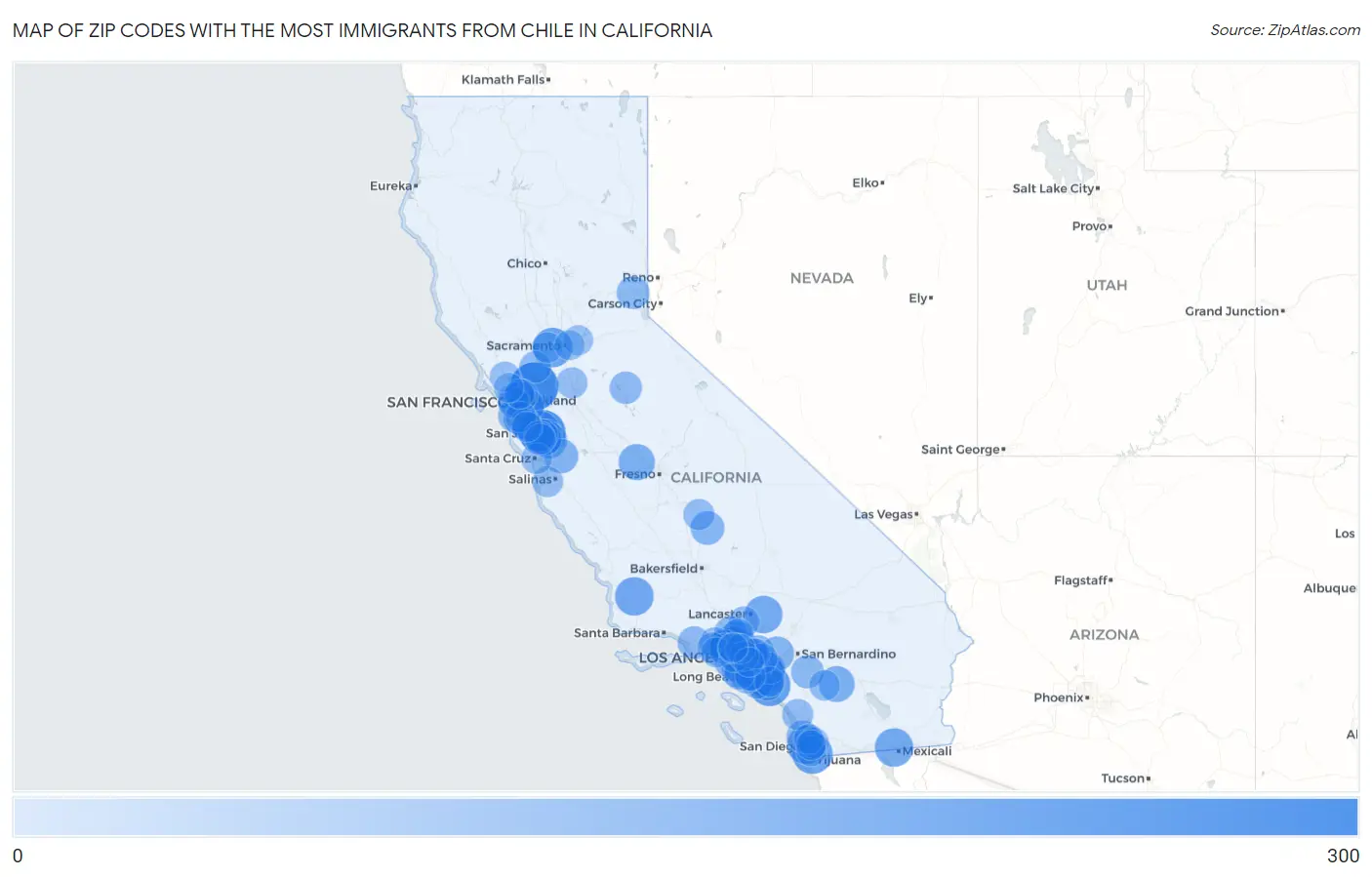Zip Codes with the Most Immigrants from Chile in California Map
