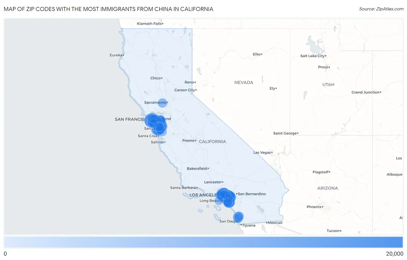 Zip Codes with the Most Immigrants from China in California Map