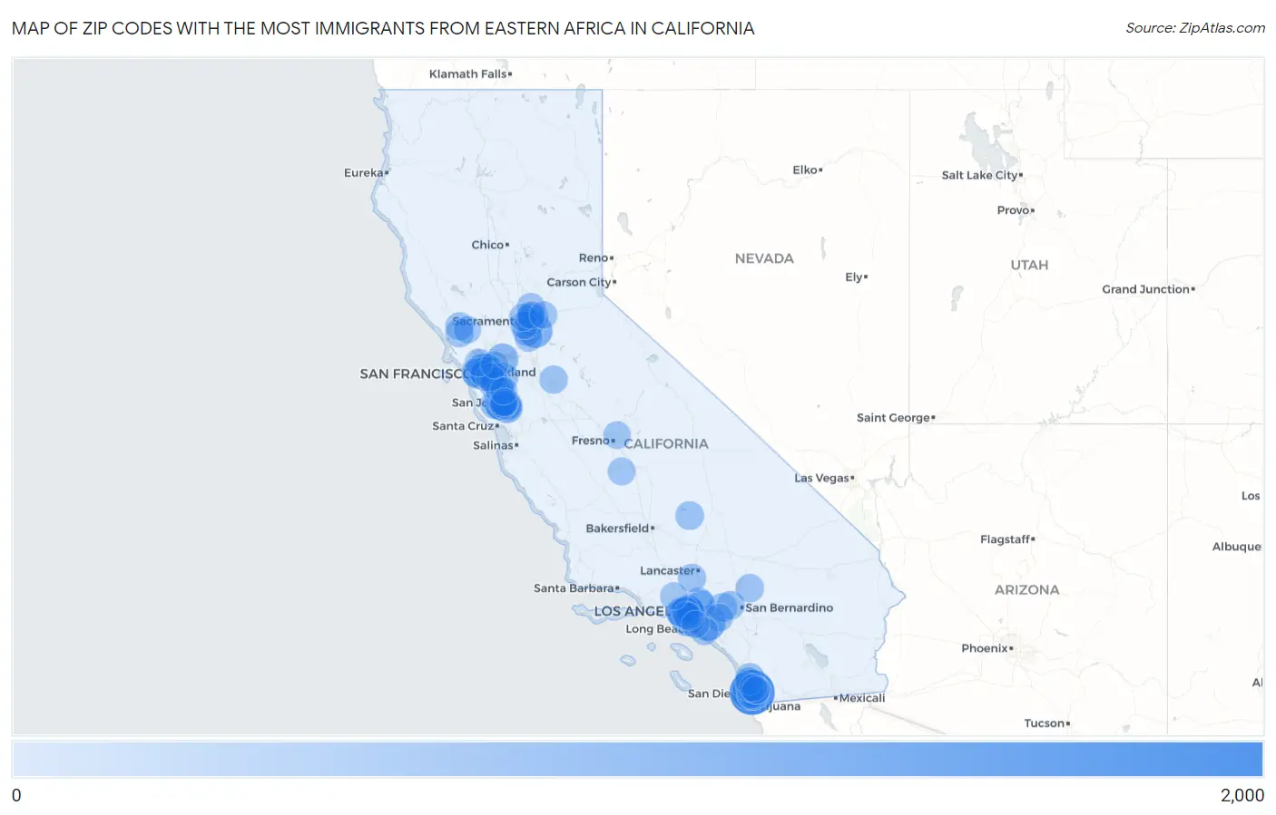 Zip Codes with the Most Immigrants from Eastern Africa in California Map