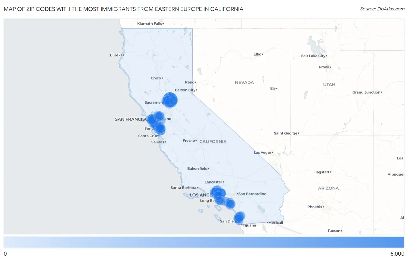 Zip Codes with the Most Immigrants from Eastern Europe in California Map