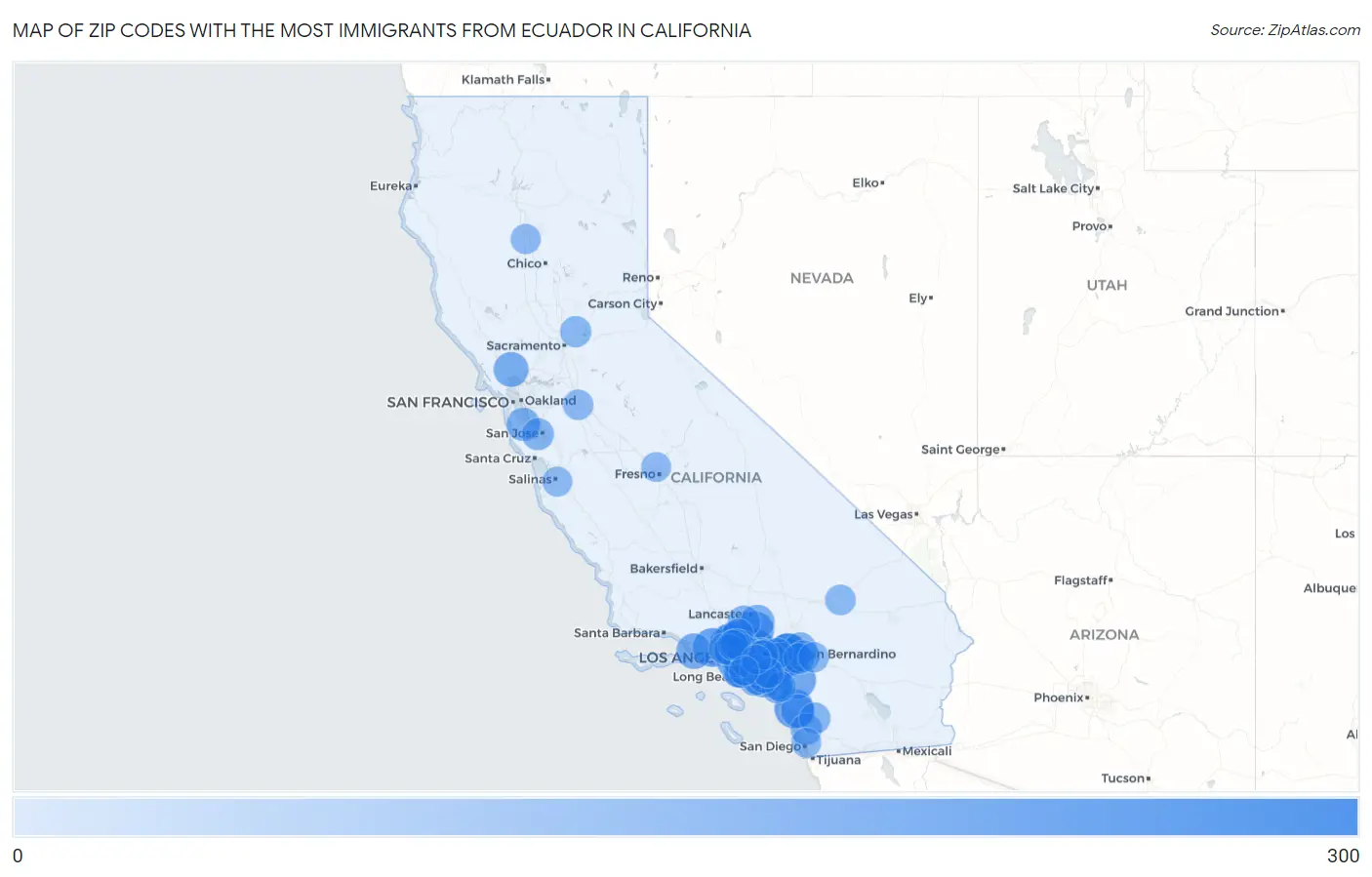 Zip Codes with the Most Immigrants from Ecuador in California Map