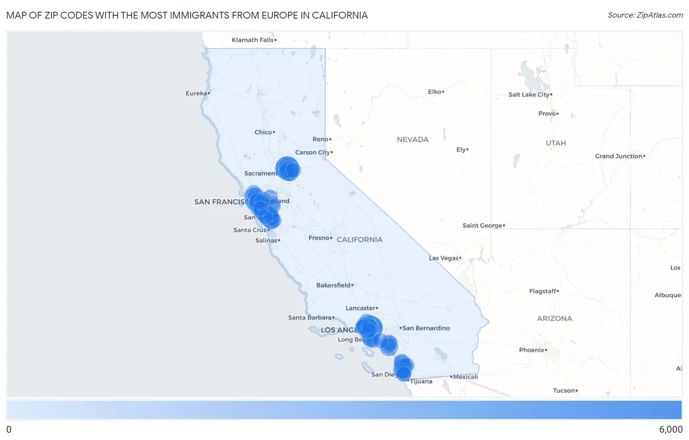 Zip Codes with the Most Immigrants from Europe in California Map