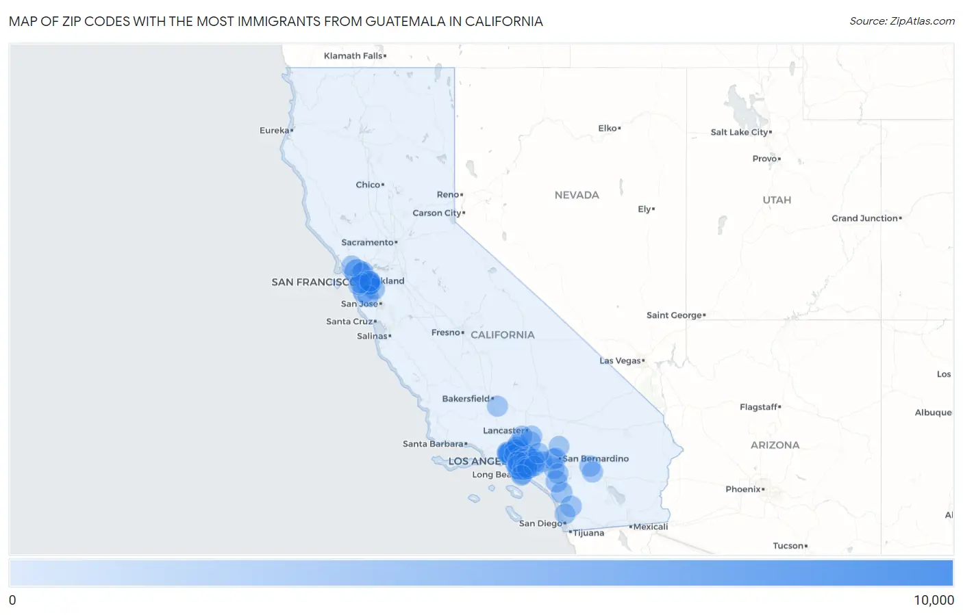 Zip Codes with the Most Immigrants from Guatemala in California Map