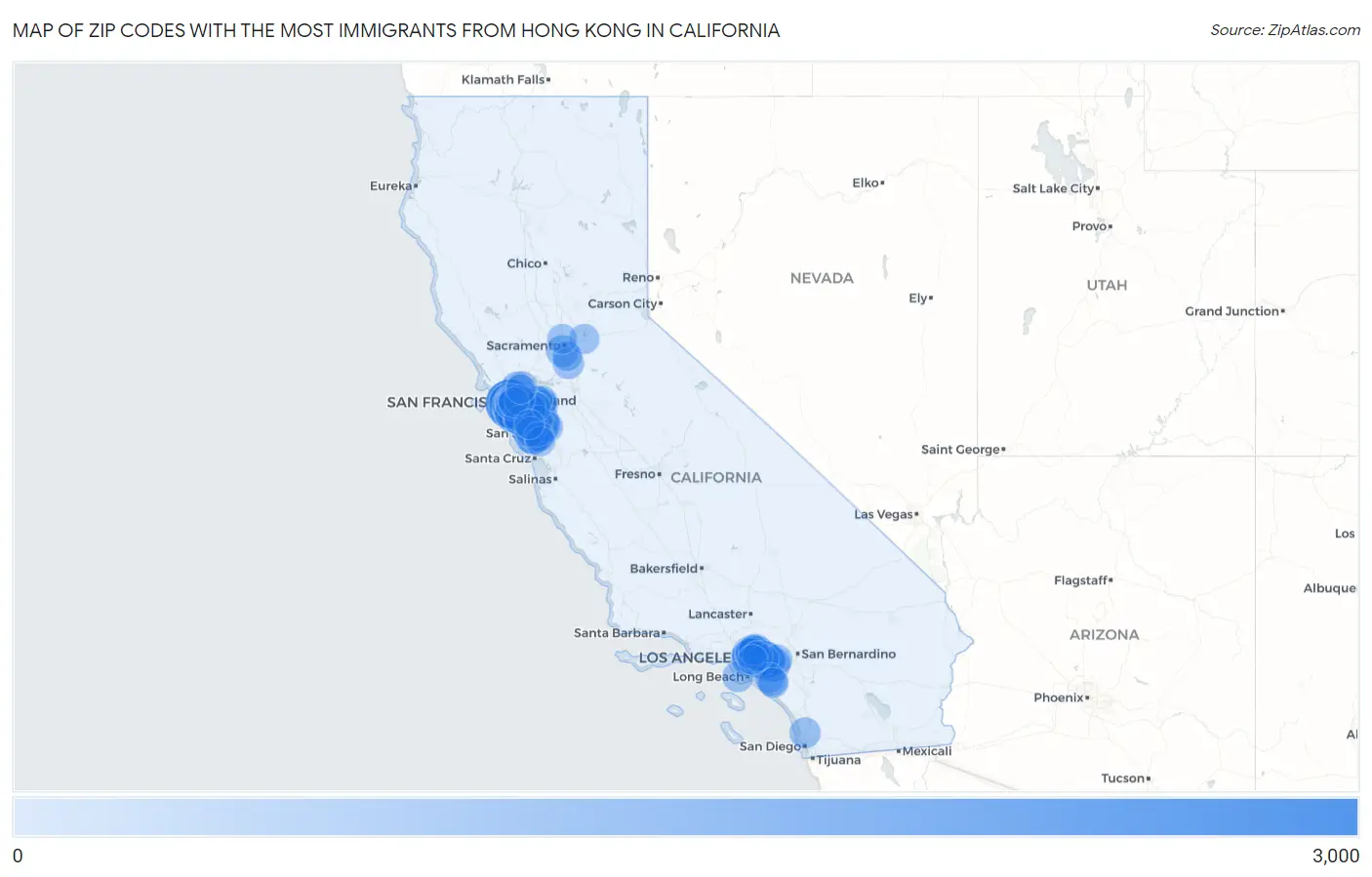 Zip Codes with the Most Immigrants from Hong Kong in California Map