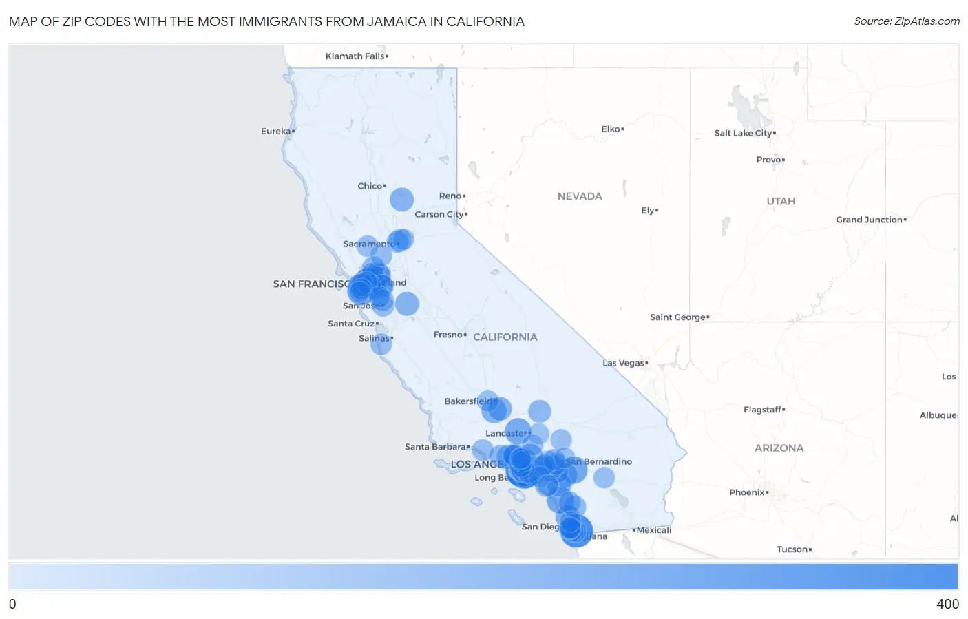 Zip Codes with the Most Immigrants from Jamaica in California Map