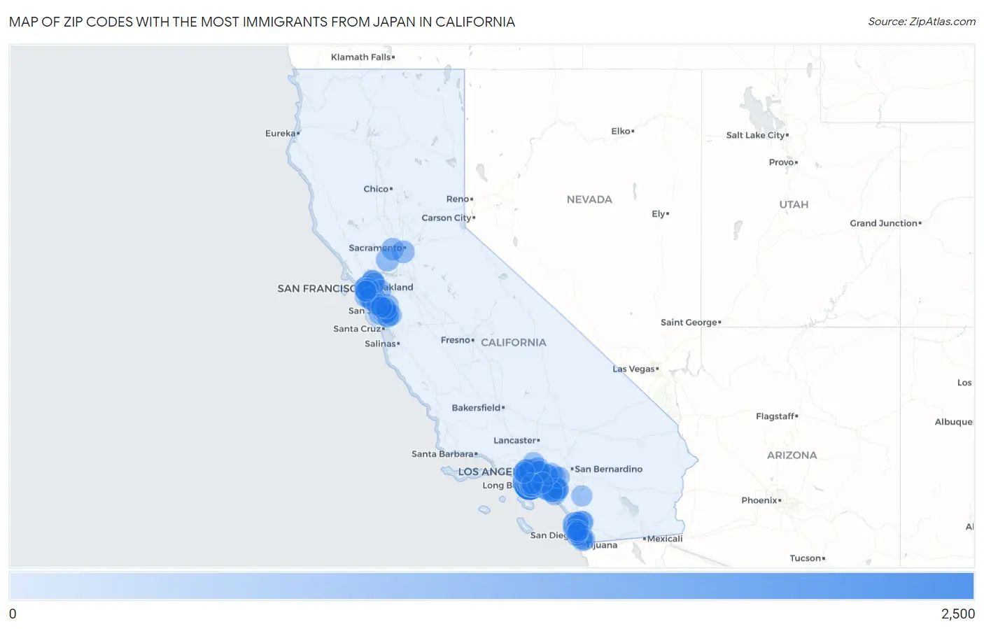 Zip Codes with the Most Immigrants from Japan in California Map